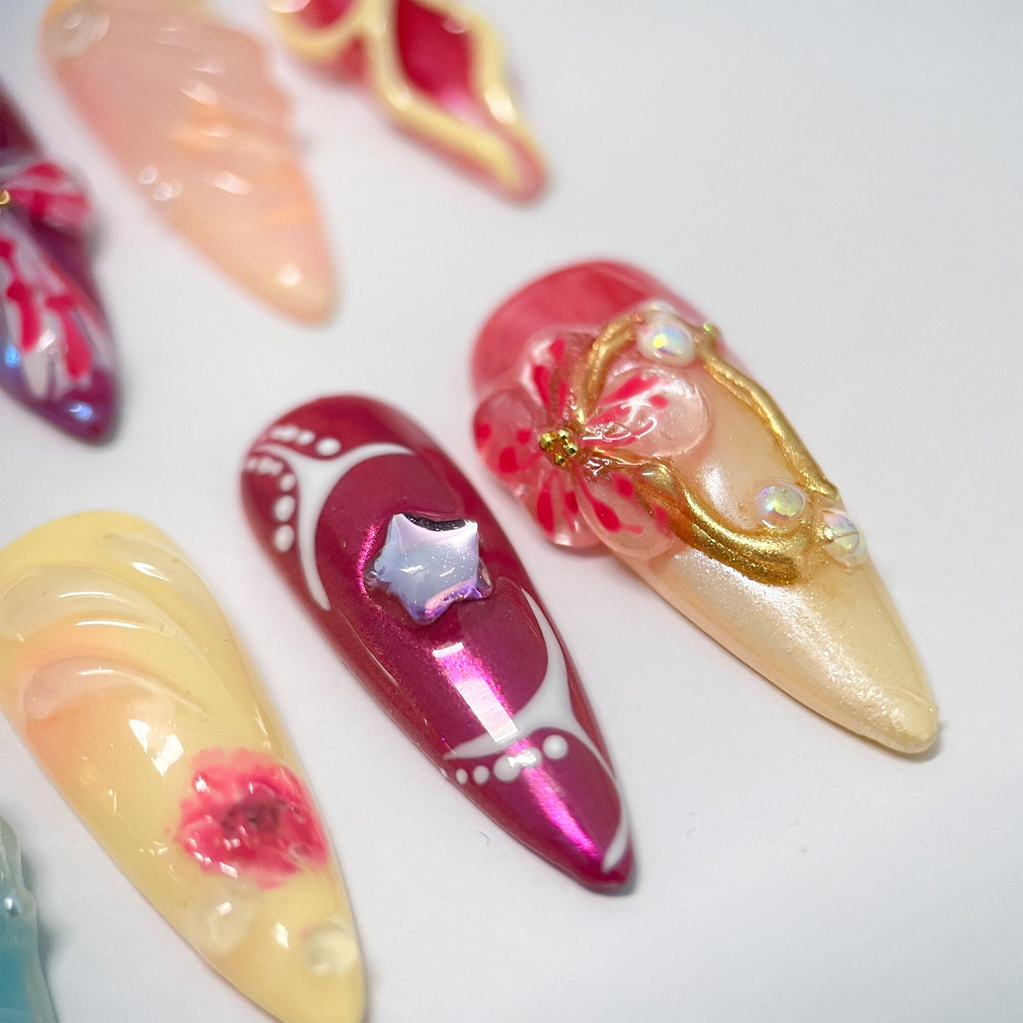 3D Dry Orchard Flower Long Almond Press On Nail, Custom Handpainted Acrylic Spring Fake/False Nail, Floral Nails
