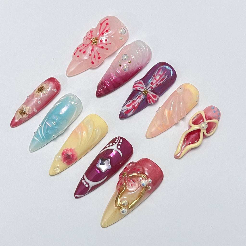 3D Dry Orchard Flower Long Almond Press On Nail, Custom Handpainted Acrylic Spring Fake/False Nail, Floral Nails