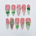 Pink Lotus And White Snake Long Almond Press On Nail, Custom Handpainted Acrylic Spring Fake/False Nail, Floral Nails