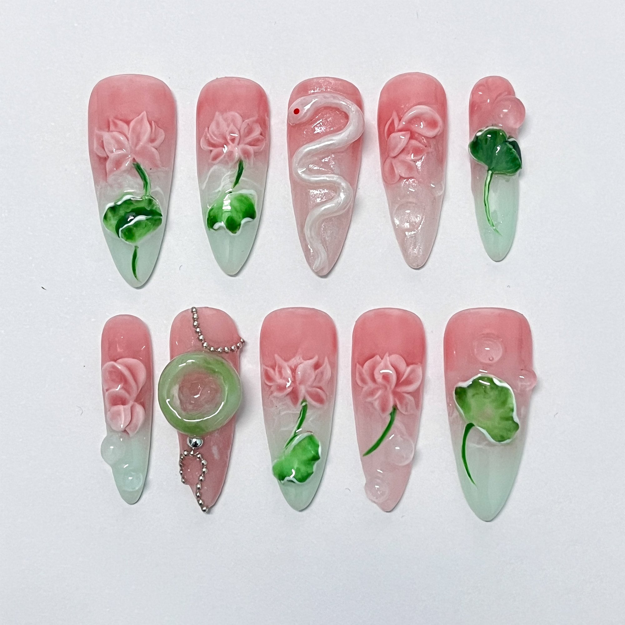 Pink Lotus And White Snake Long Almond Press On Nail, Custom Handpainted Acrylic Spring Fake/False Nail, Floral Nails
