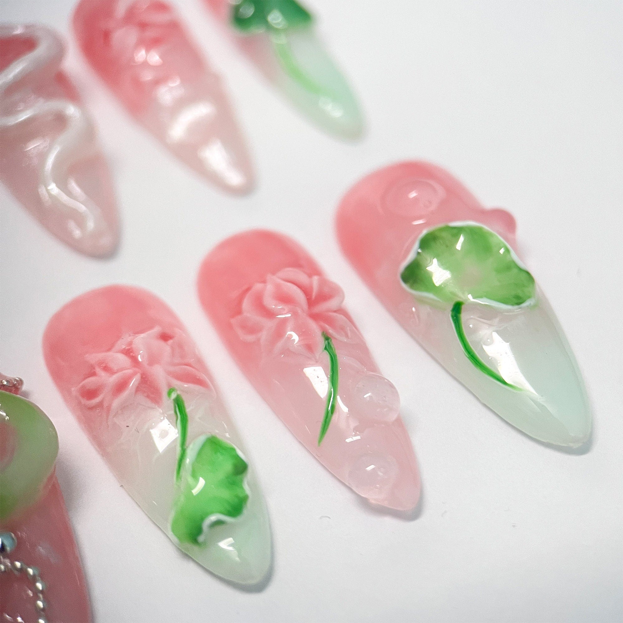 Pink Lotus And White Snake Long Almond Press On Nail, Custom Handpainted Acrylic Spring Fake/False Nail, Floral Nails