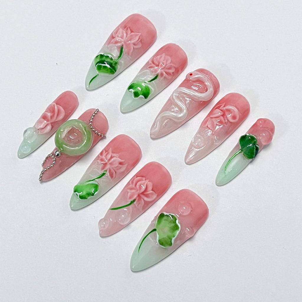 Pink Lotus And White Snake Long Almond Press On Nail, Custom Handpainted Acrylic Spring Fake/False Nail, Floral Nails