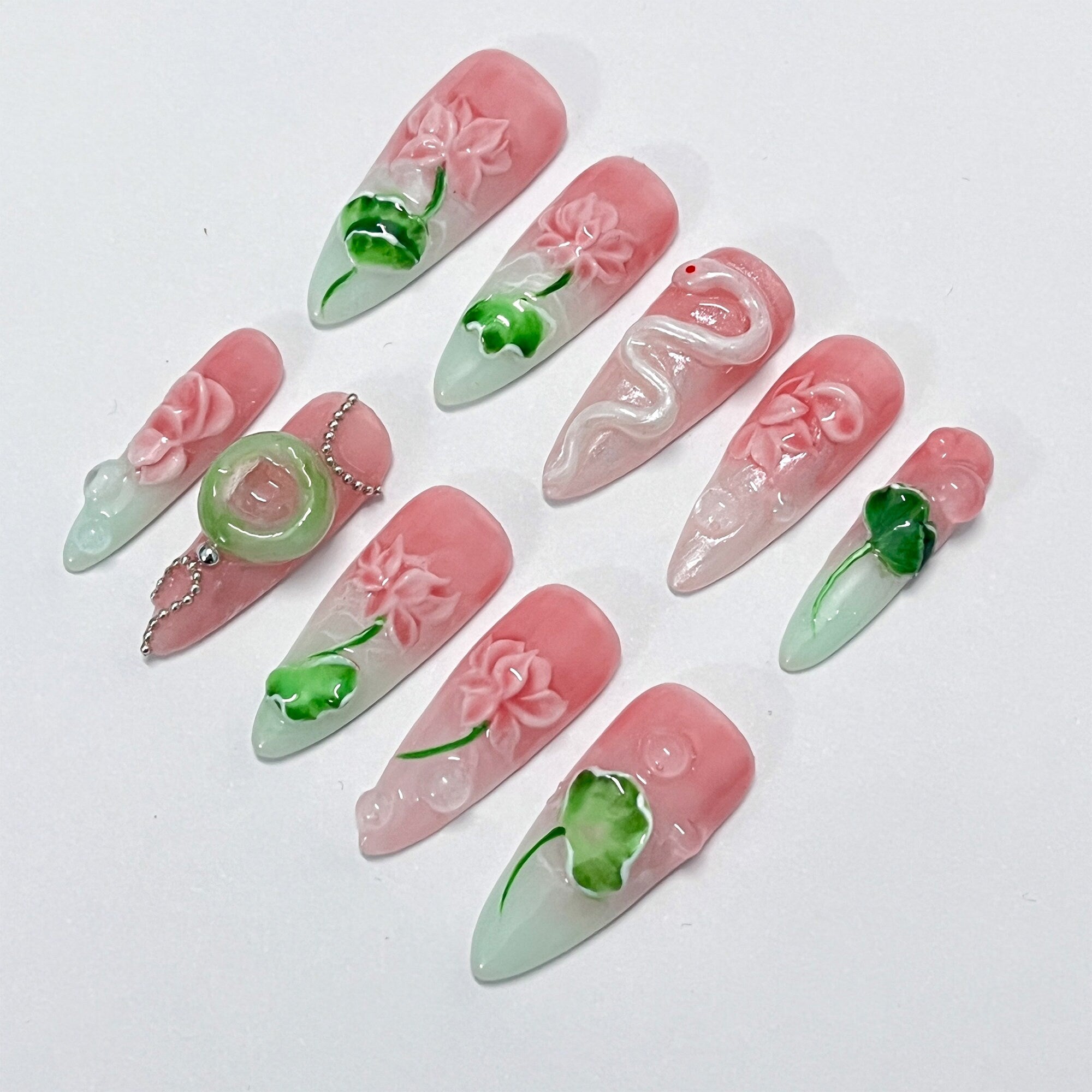 Pink Lotus And White Snake Long Almond Press On Nail, Custom Handpainted Acrylic Spring Fake/False Nail, Floral Nails