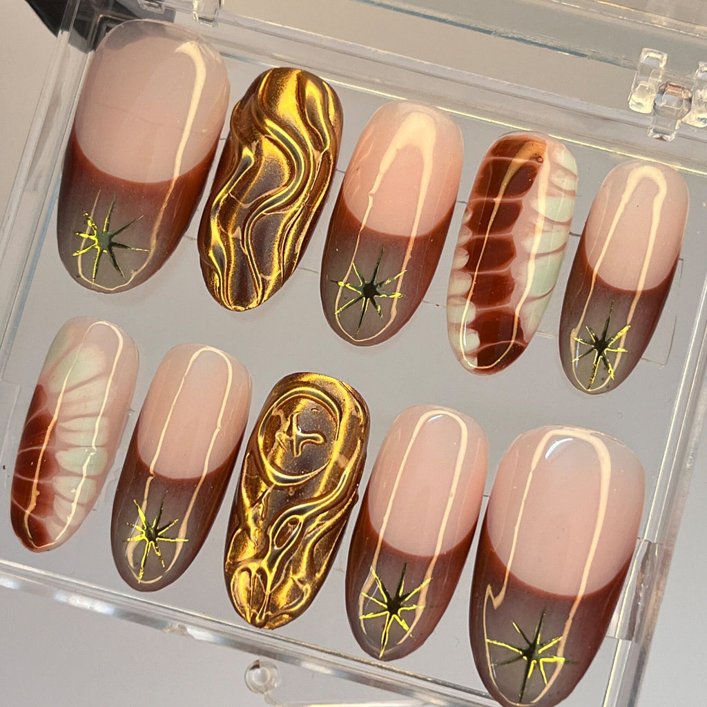 Free Style Gold Stiletto Press On Nails, Custom French Tip Fake Nails, Elegant Nails Art for Birthday Party