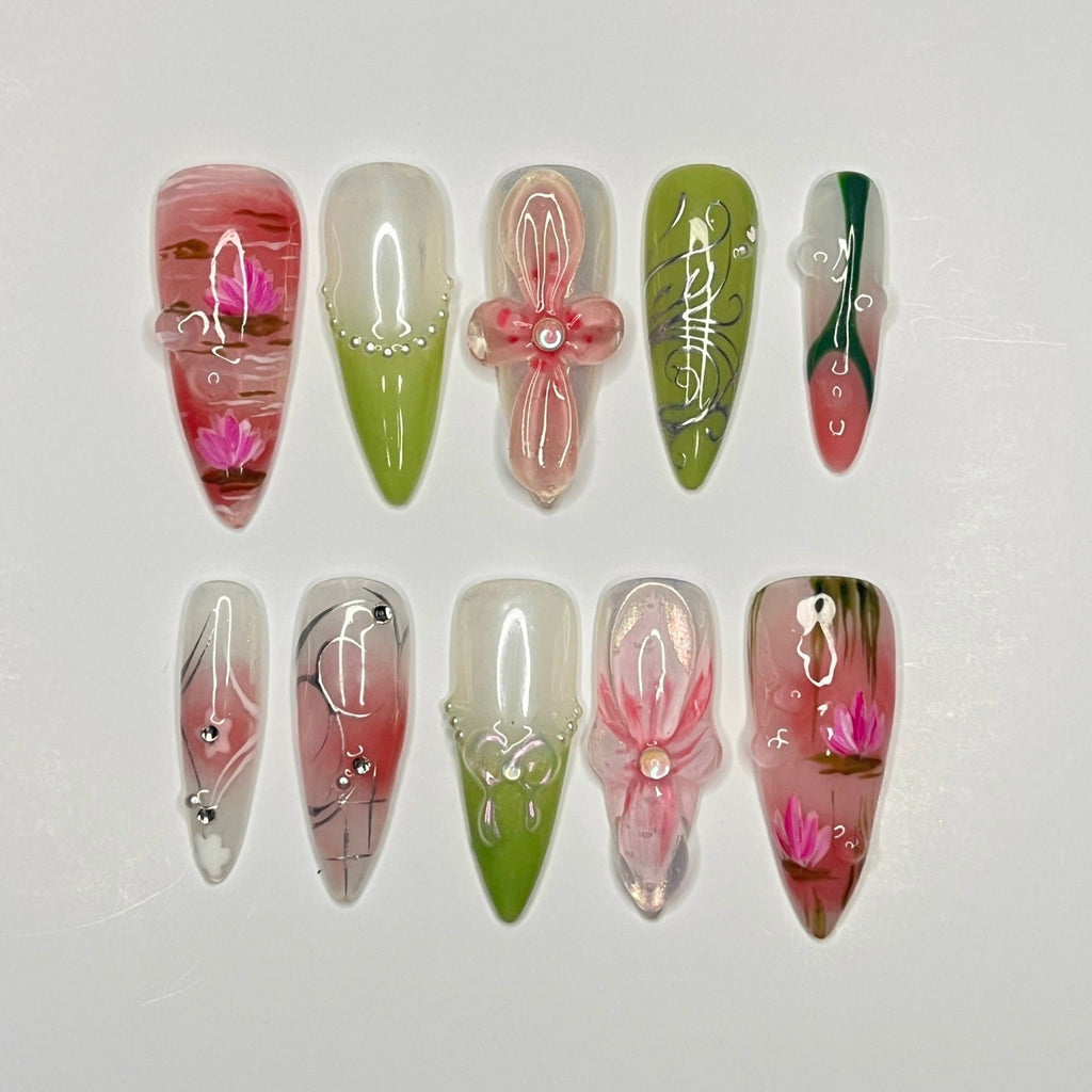 Painting Flower Long Almond Press On Nail, Custom Handpainted Acrylic Spring Fake/False Nail, Floral Nails
