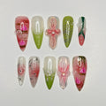 Painting Flower Long Almond Press On Nail, Custom Handpainted Acrylic Spring Fake/False Nail, Floral Nails