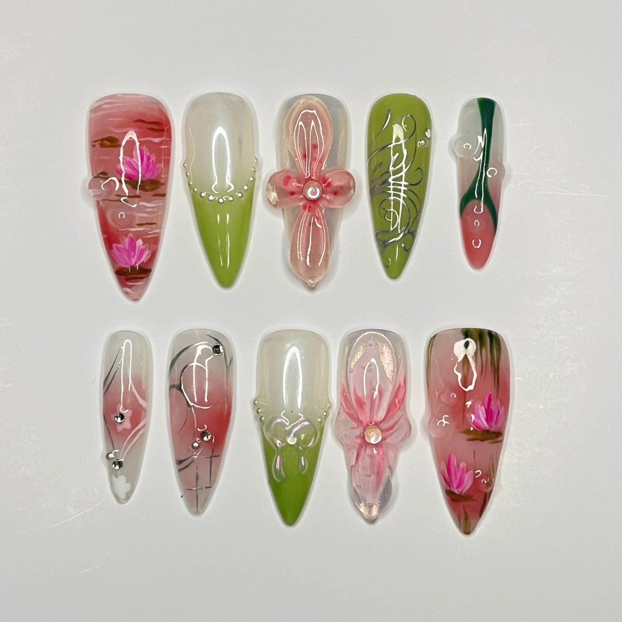 Painting Flower Long Almond Press On Nail, Custom Handpainted Acrylic Spring Fake/False Nail, Floral Nails