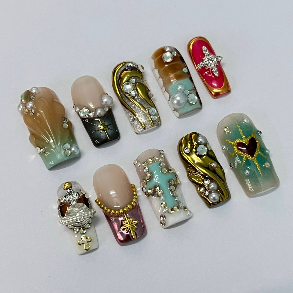 Freestyle 3D Short Coffin Press On Nails, Metallic Chrome Goth Nails Art, Gothic Emo Style Press Ons for Birthday Event Holiday