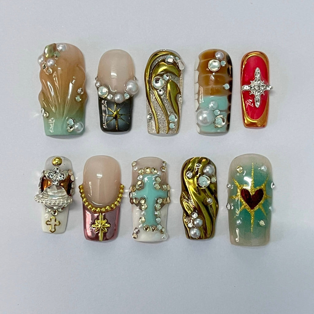 Freestyle 3D Short Coffin Press On Nails, Metallic Chrome Goth Nails Art, Gothic Emo Style Press Ons for Birthday Event Holiday