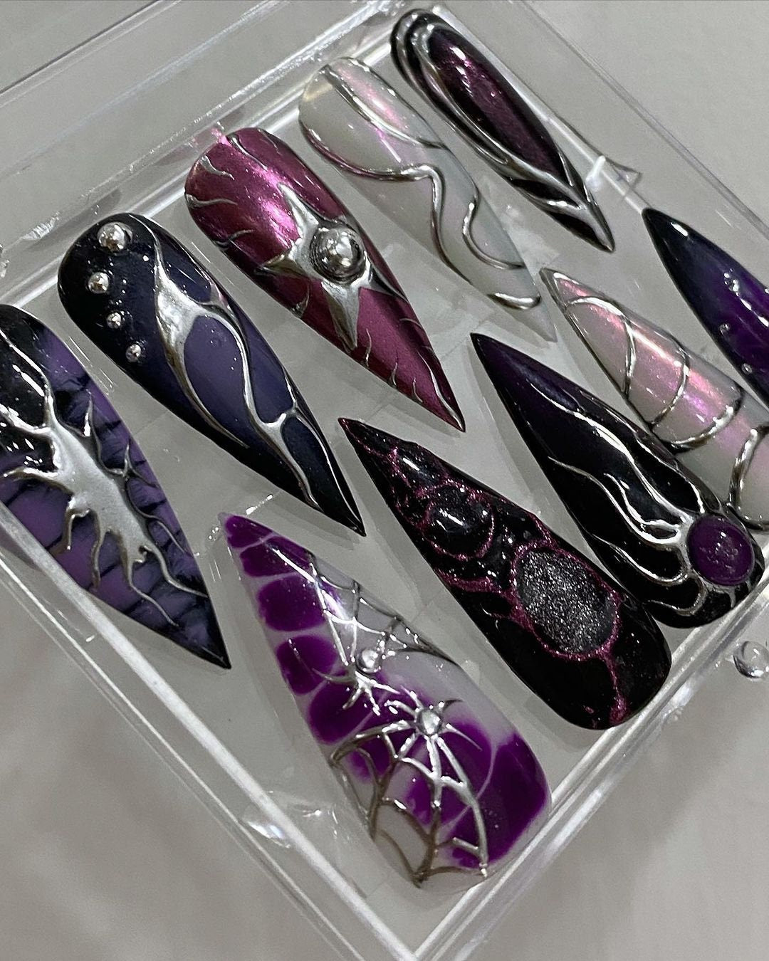 Free Style Metallic Silver Press On Nails, Custom Long Stiletto Fake Nail, Goth Gothic Emo Style Nails for Birthday