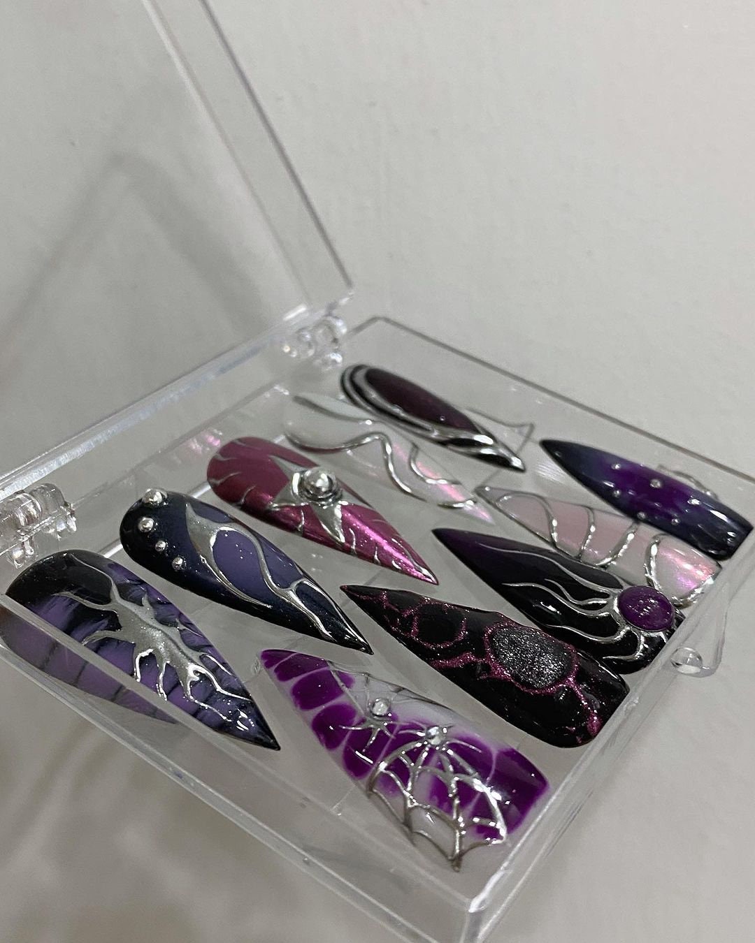 Free Style Metallic Silver Press On Nails, Custom Long Stiletto Fake Nail, Goth Gothic Emo Style Nails for Birthday