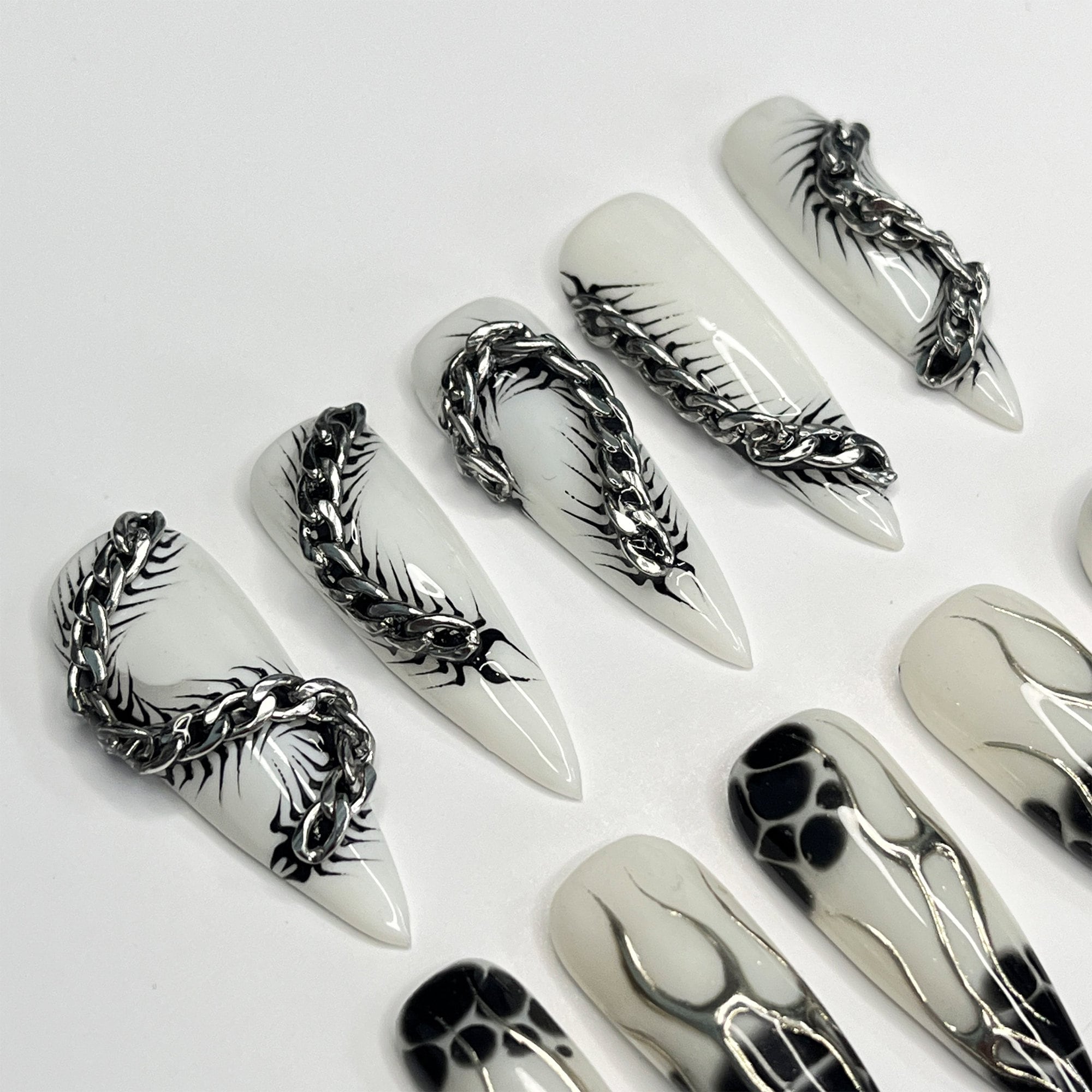 Silver Reptiles & Black Blooming on White Long Stiletto Press On Nails, Handpainted Luxury Acrylic Gothic/Goth Fake Nails, Emo Y2K Style