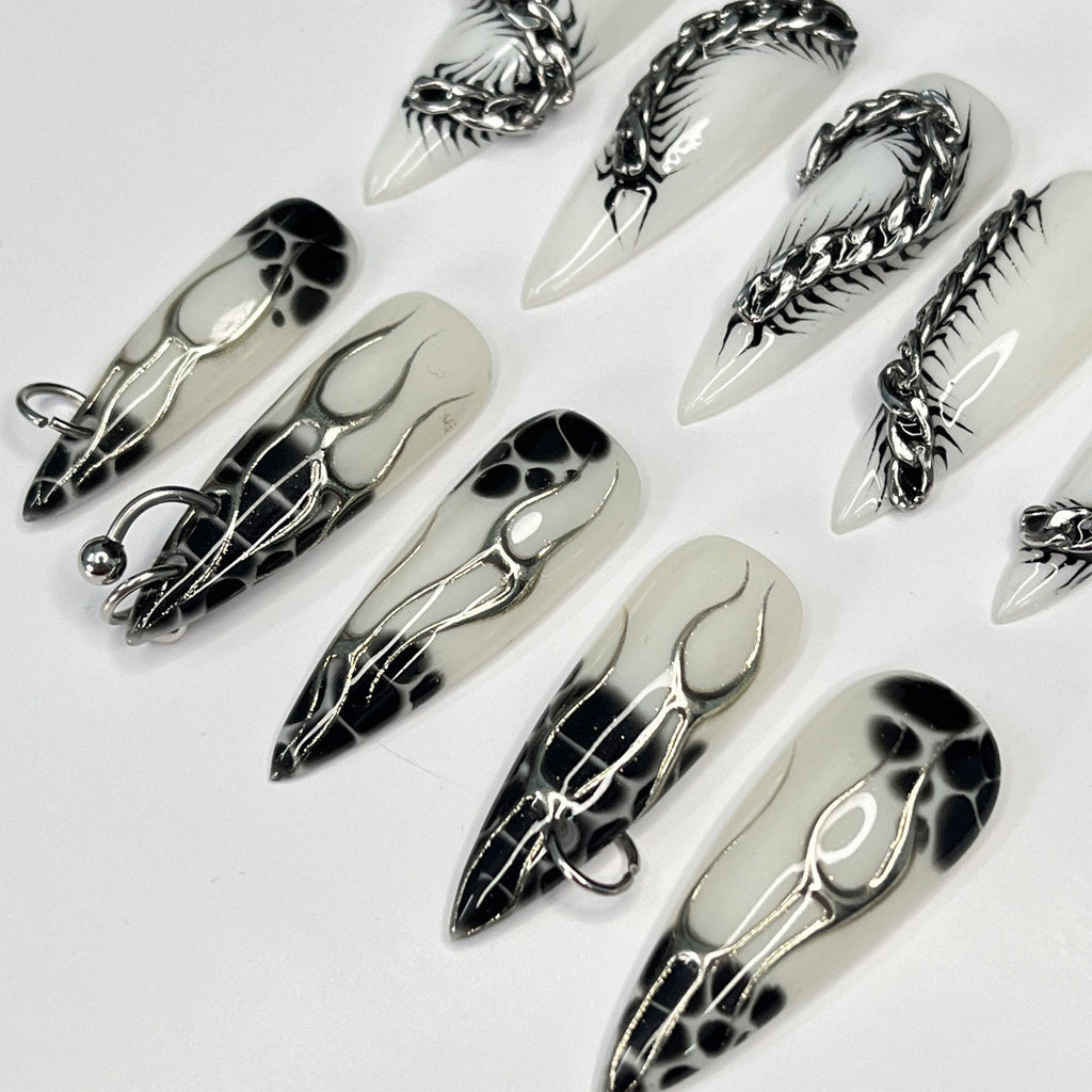 Silver Reptiles & Black Blooming on White Long Stiletto Press On Nails, Handpainted Luxury Acrylic Gothic/Goth Fake Nails, Emo Y2K Style
