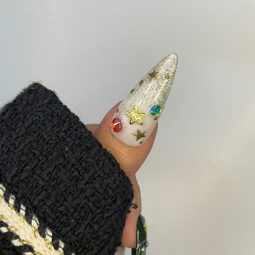 Golden Starlight Christmas Long Almond Press On Nails - Festive Xmas and Winter Holiday Nail Art