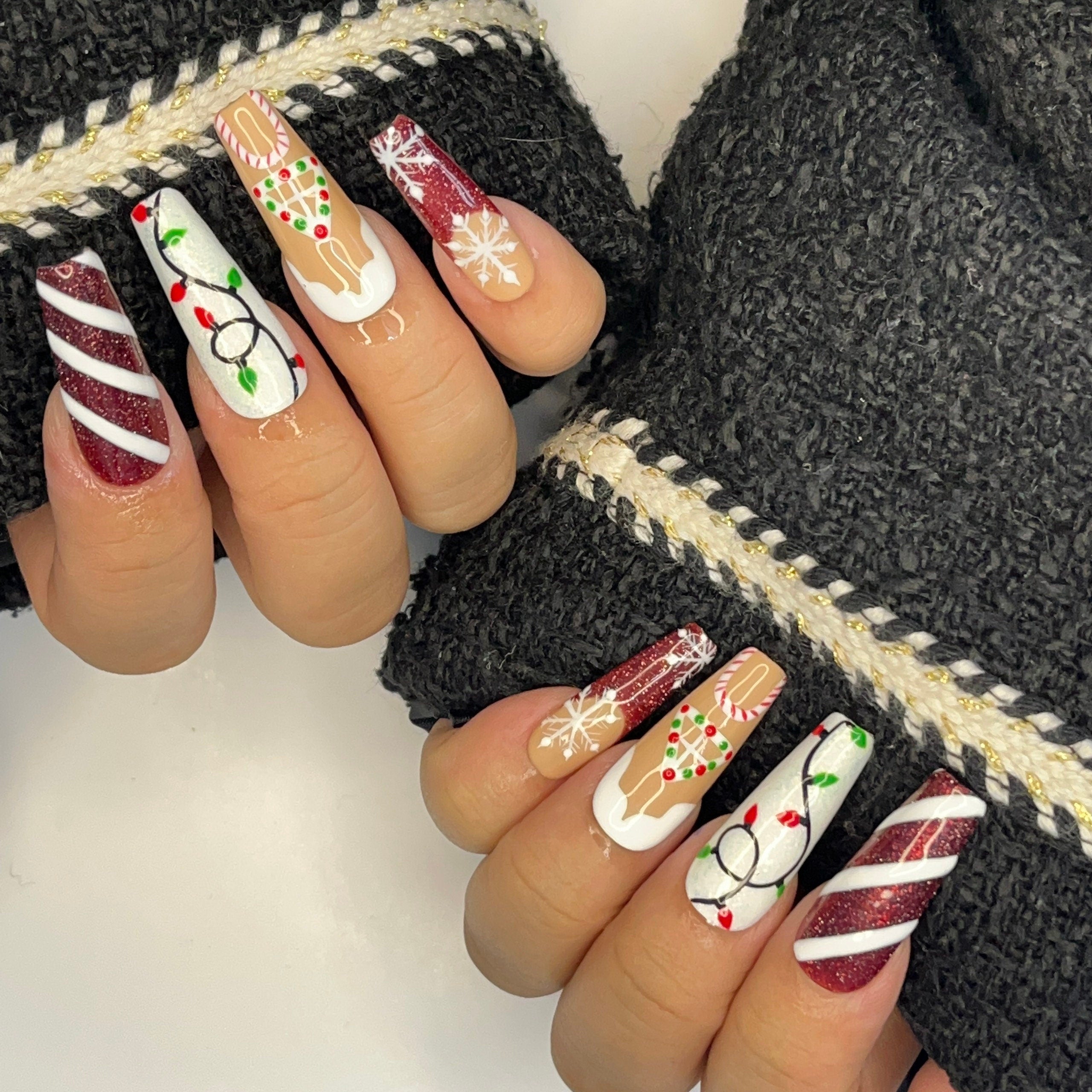 Christmas Light & Cookies Theme Medium Square Press On Nails - Festive Xmas and Winter Holiday Nail Art