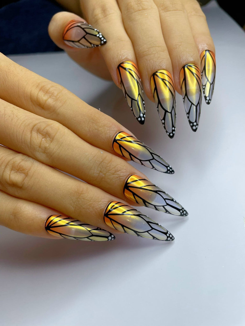 Gold & Black Butterfly Inspired Long Almond Press On Nails, Custom Handpainted Fake Nails, Design Nails Art for Birthday Holiday Event
