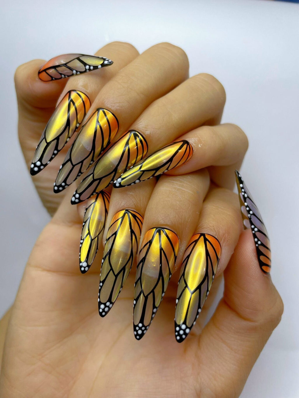 Gold & Black Butterfly Inspired Long Almond Press On Nails, Custom Handpainted Fake Nails, Design Nails Art for Birthday Holiday Event