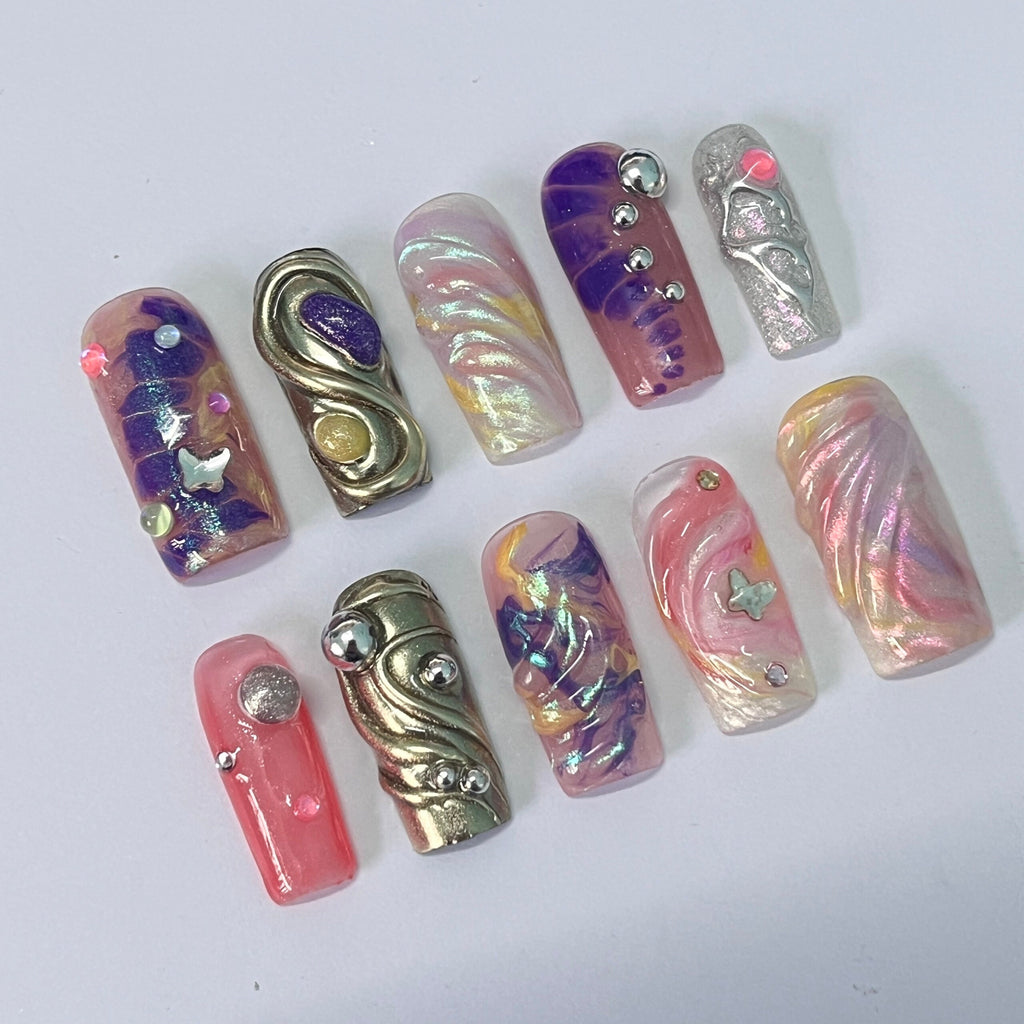 Vibrant Medium Square Press On Nail, Holiday Nail, Fake Nail, Glue on Nail, Luxury Y2K Nail for Birthday Holiday Event