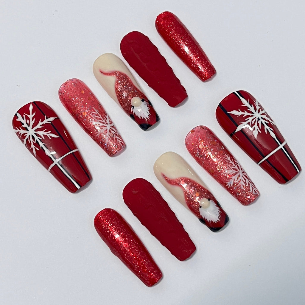 Red and White Coffin Press-On Nails | Festive Christmas Holiday Design | Custom Luxury Nail Art | Handmade False Nail Set