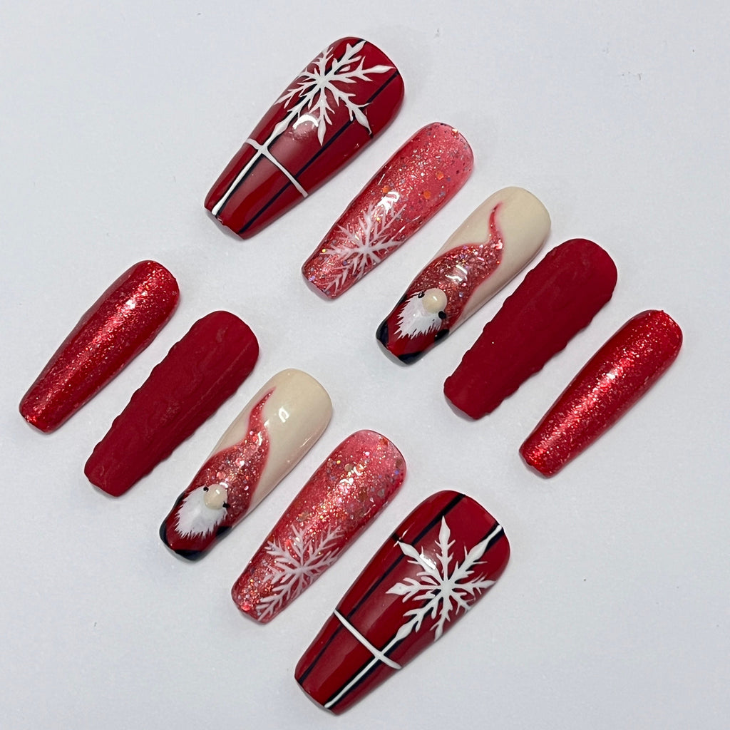 Red and White Coffin Press-On Nails | Festive Christmas Holiday Design | Custom Luxury Nail Art | Handmade False Nail Set