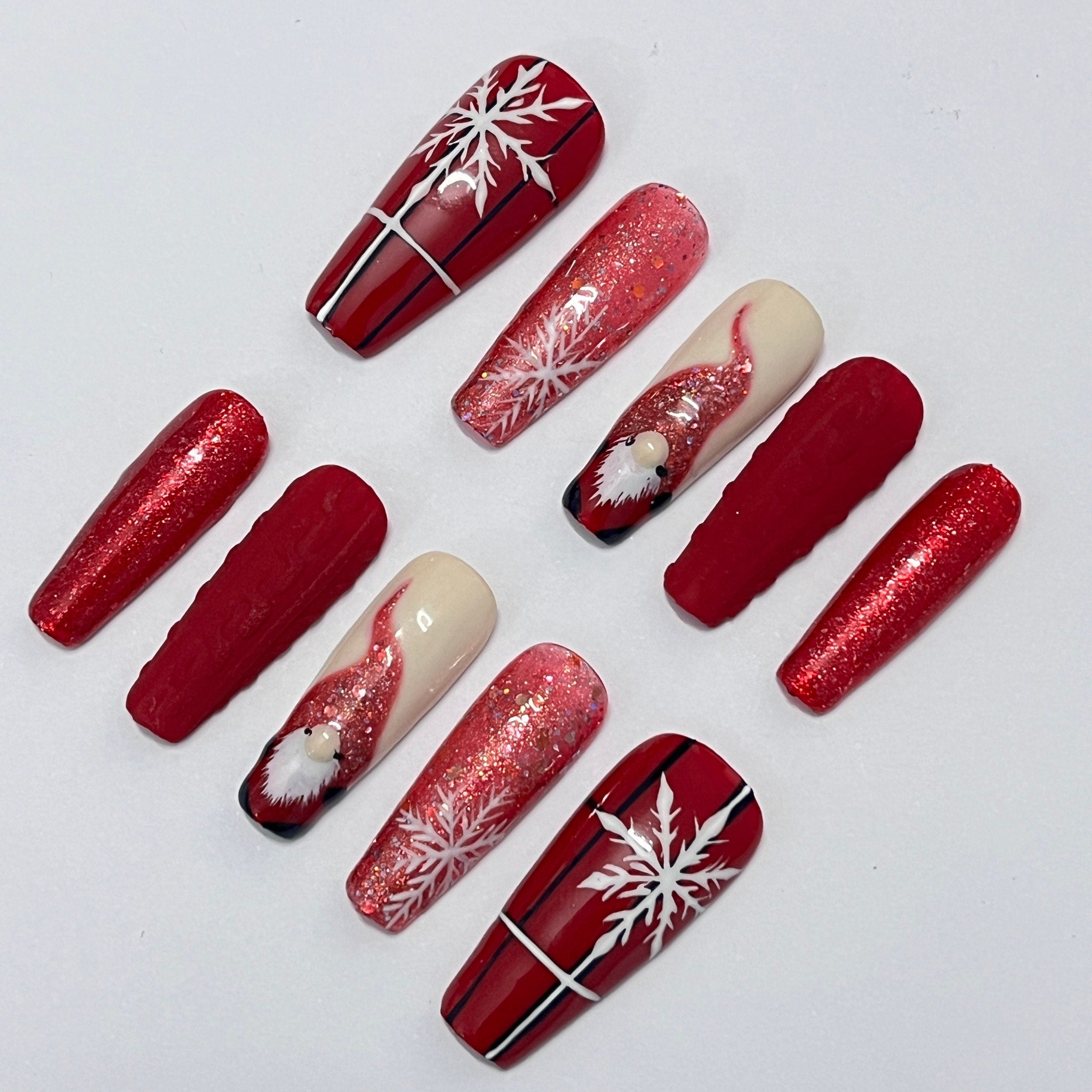Red and White Coffin Press-On Nails | Festive Christmas Holiday Design | Custom Luxury Nail Art | Handmade False Nail Set