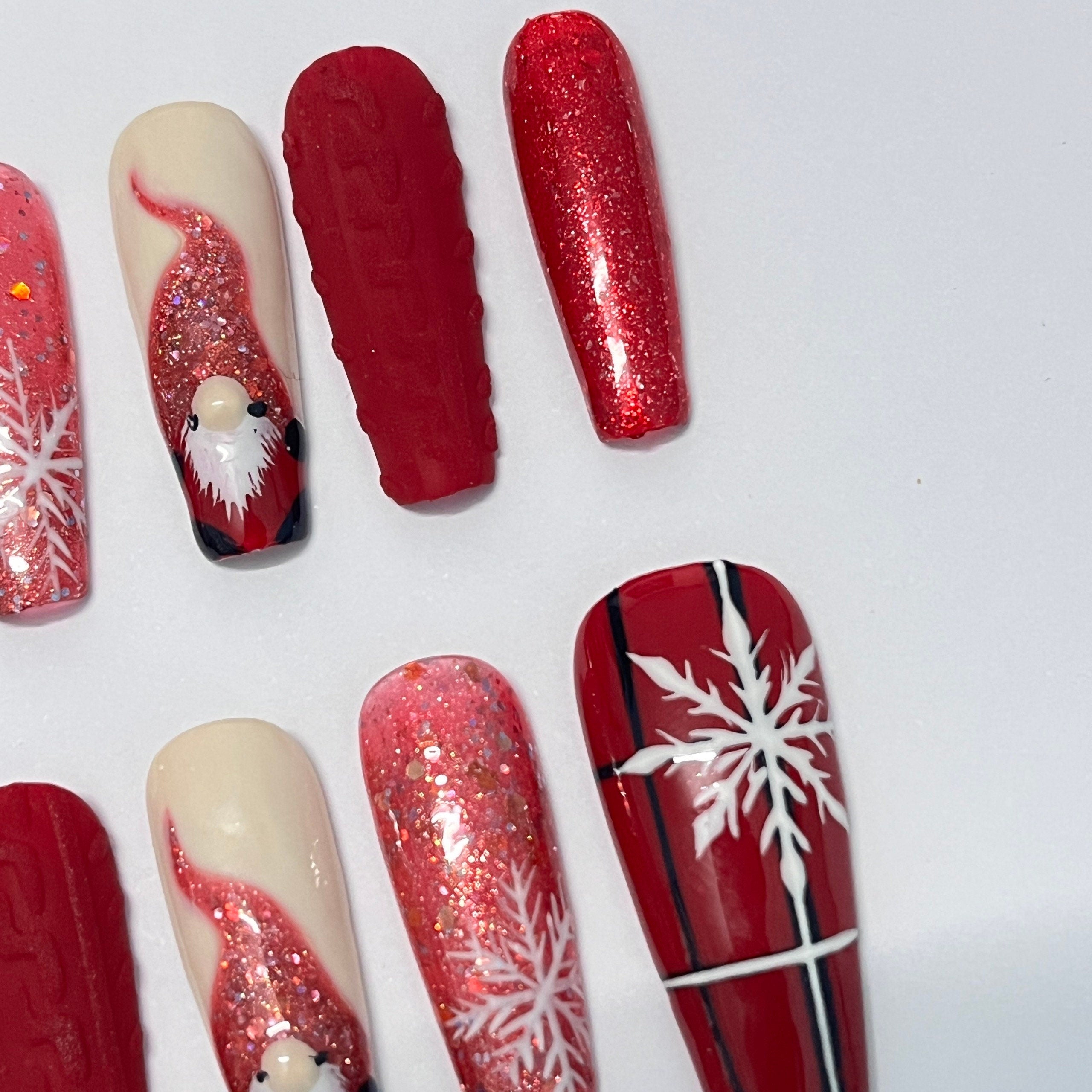 Red and White Coffin Press-On Nails | Festive Christmas Holiday Design | Custom Luxury Nail Art | Handmade False Nail Set