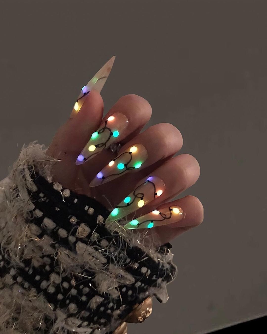 Colorful Lights Glow-In-The-Dark Christmas Long Stiletto Press On Nail - Luxurious XMas and Holiday Nail Art