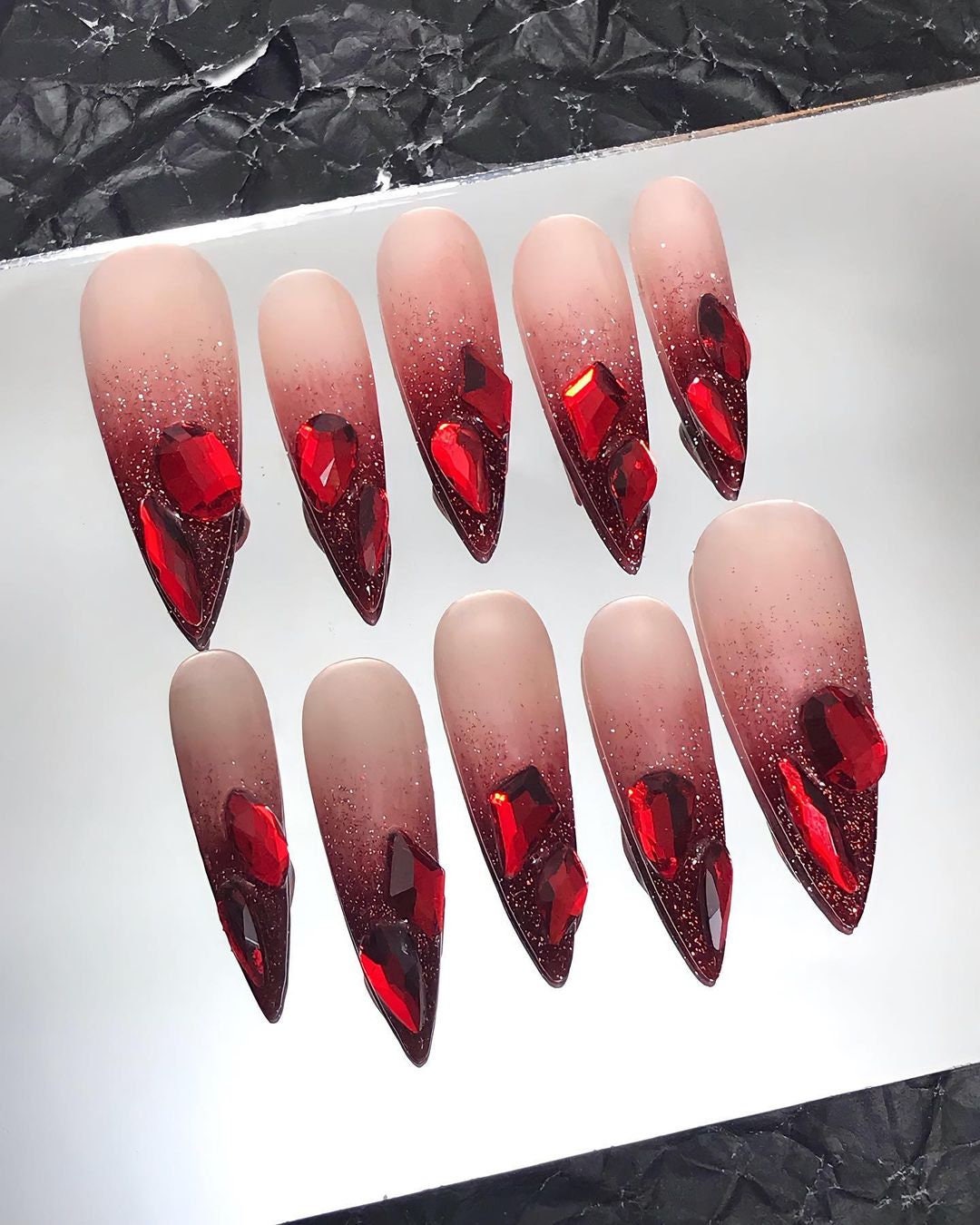Red French Tip with Crystal Bling On Pink Ombre Long Stiletto Press On Nails, Luxury Handmade Acrylic Fake Nails, Birthday Xmas Holiday Nail