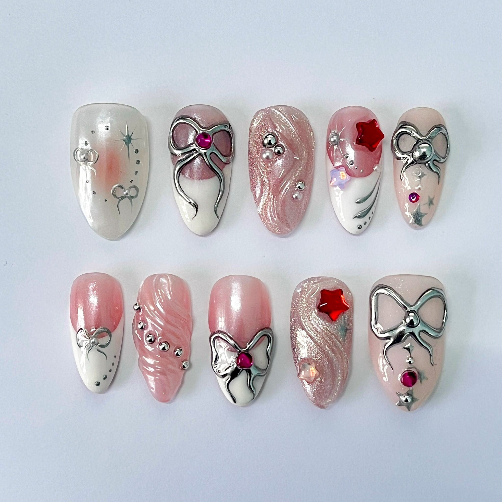 Freestyle 3D Short Almond Press On Nails, Colourful Cute Handpainted Fake Nails, Holiday Birthday Event Nails Art