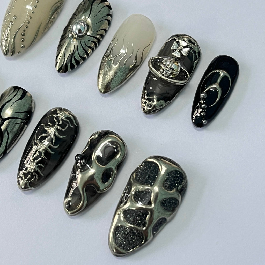 Freestyle 3D Almond Press On Nails, Metallic Chrome Goth Nails Art, Gothic Emo Style Press Ons for Birthday Event Holiday