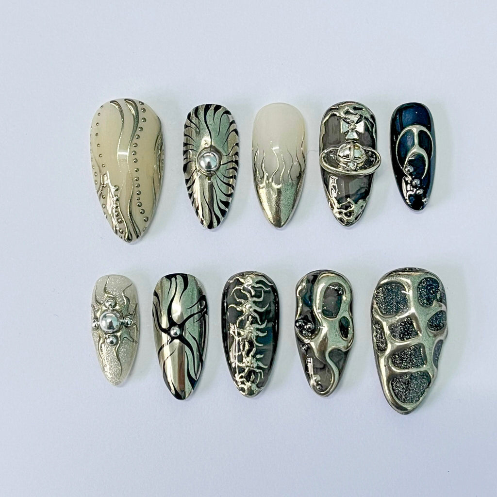Freestyle 3D Almond Press On Nails, Metallic Chrome Goth Nails Art, Gothic Emo Style Press Ons for Birthday Event Holiday