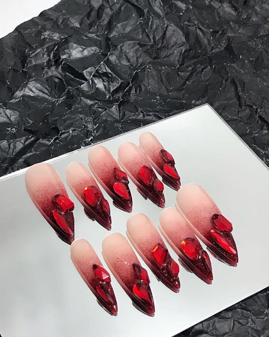 Red French Tip with Crystal Bling On Pink Ombre Long Stiletto Press On Nails, Luxury Handmade Acrylic Fake Nails, Birthday Xmas Holiday Nail