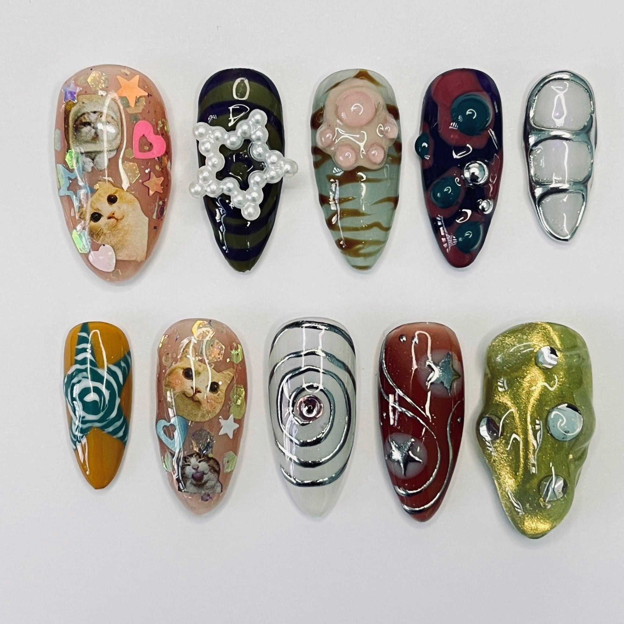 Cat Lover Chrome Almond Press On Nail - Luxurious Metallic Silver Nail Art, 3D Handpainted Gel Nails Design