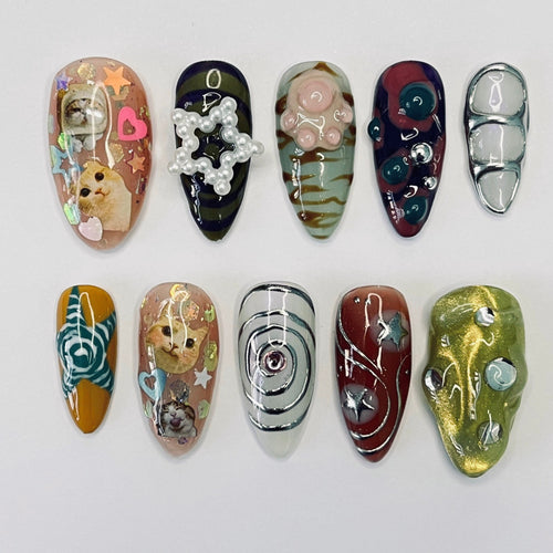 Cat Lover Chrome Almond Press On Nail - Luxurious Metallic Silver Nail Art, 3D Handpainted Gel Nails Design