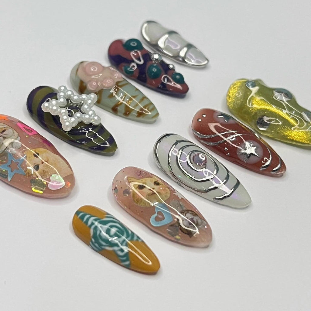 Cat Lover Chrome Almond Press On Nail - Luxurious Metallic Silver Nail Art, 3D Handpainted Gel Nails Design