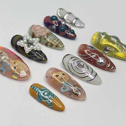 Cat Lover Chrome Almond Press On Nail - Luxurious Metallic Silver Nail Art, 3D Handpainted Gel Nails Design
