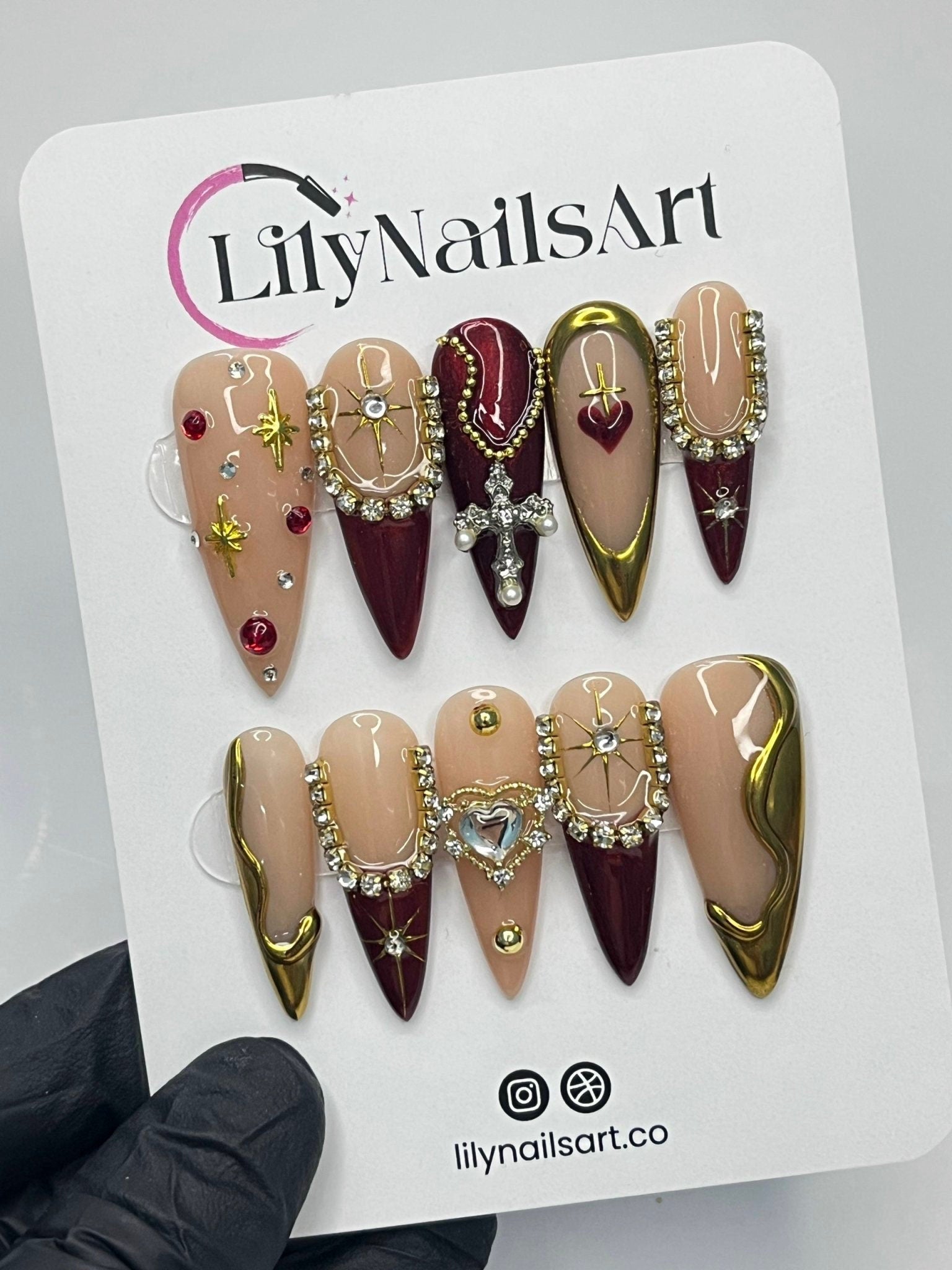 Red & Gold Royal Theme Long Stiletto Press On Nail - Luxurious Christmas and Holiday Nail Art, 3D Gel Winter Nails Design