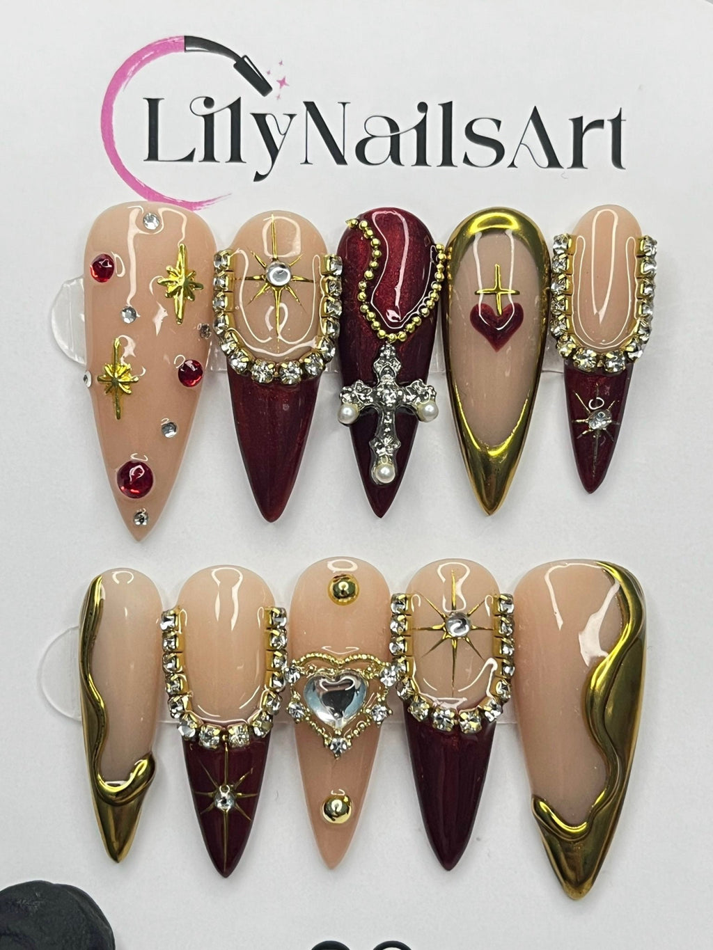 Red & Gold Royal Theme Long Stiletto Press On Nail - Luxurious Christmas and Holiday Nail Art, 3D Gel Winter Nails Design