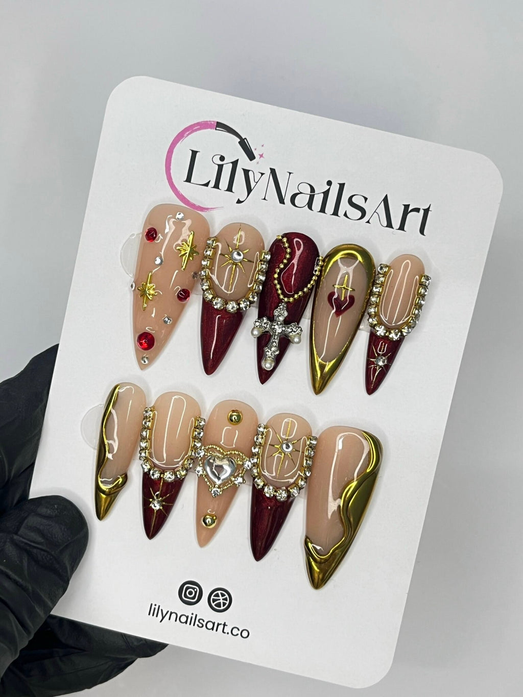 Red & Gold Royal Theme Long Stiletto Press On Nail - Luxurious Christmas and Holiday Nail Art, 3D Gel Winter Nails Design
