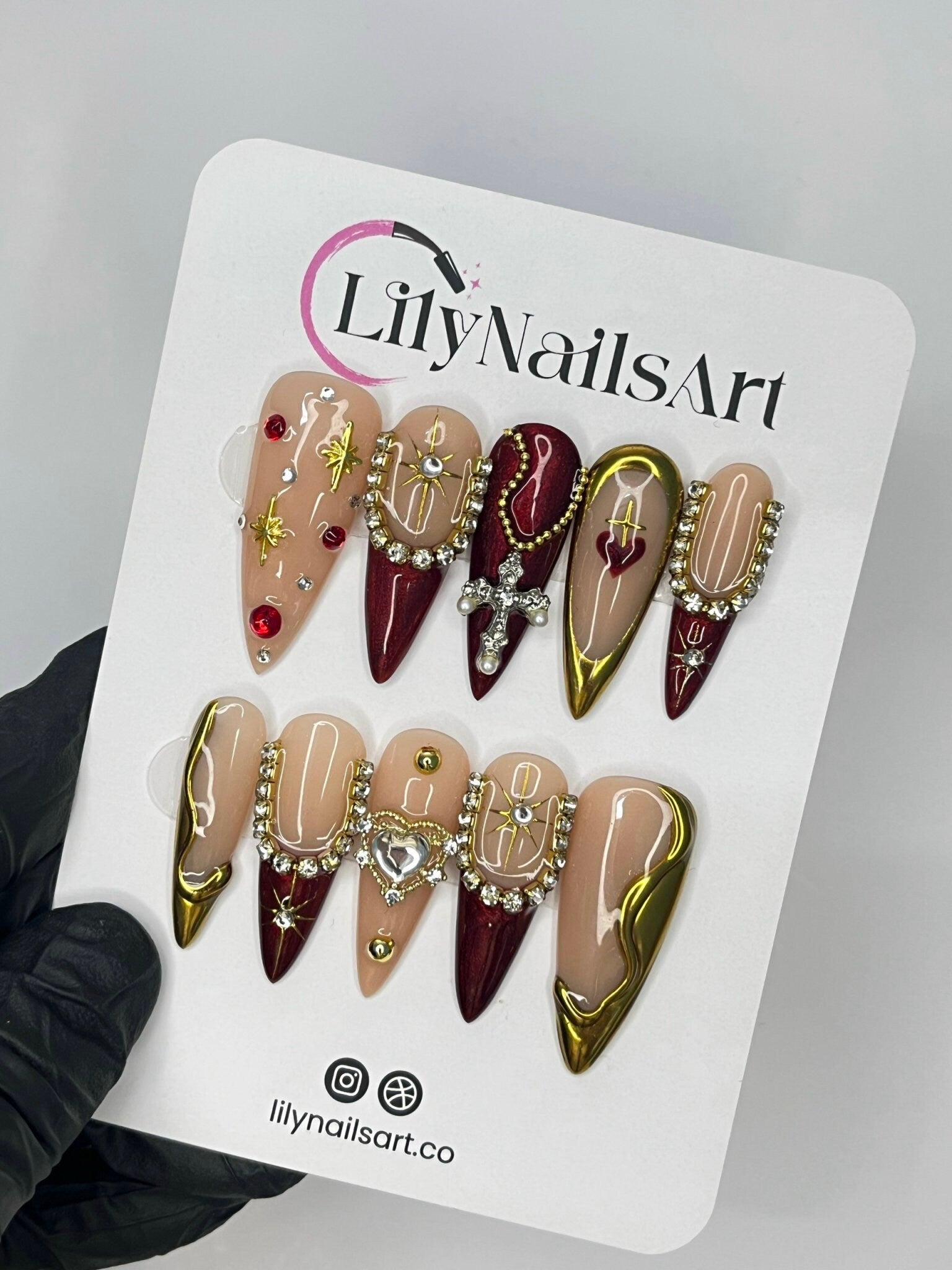 Red & Gold Royal Theme Long Stiletto Press On Nail - Luxurious Christmas and Holiday Nail Art, 3D Gel Winter Nails Design
