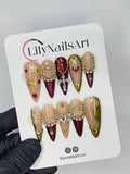 Red & Gold Royal Theme Long Stiletto Press On Nail - Luxurious Christmas and Holiday Nail Art, 3D Gel Winter Nails Design