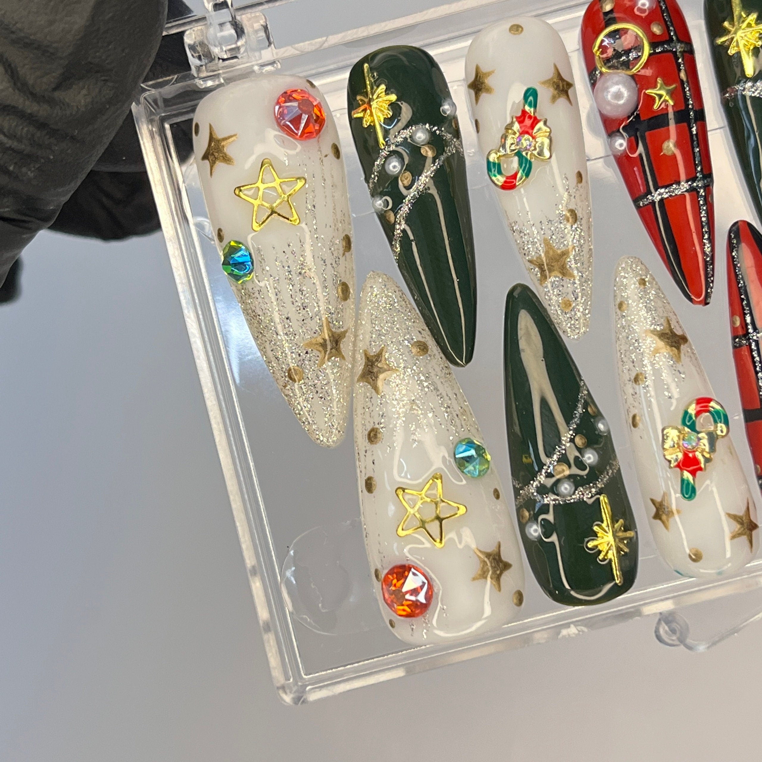 Golden Starlight Christmas Long Almond Press On Nails - Festive Xmas and Winter Holiday Nail Art