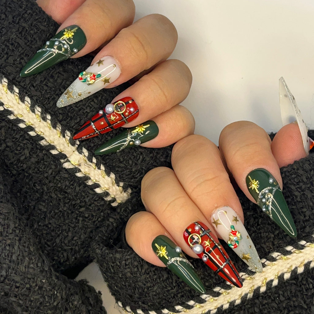 Golden Starlight Christmas Long Almond Press On Nails - Festive Xmas and Winter Holiday Nail Art