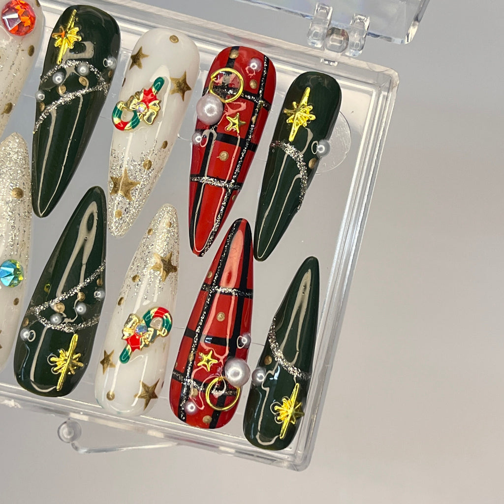 Golden Starlight Christmas Long Almond Press On Nails - Festive Xmas and Winter Holiday Nail Art