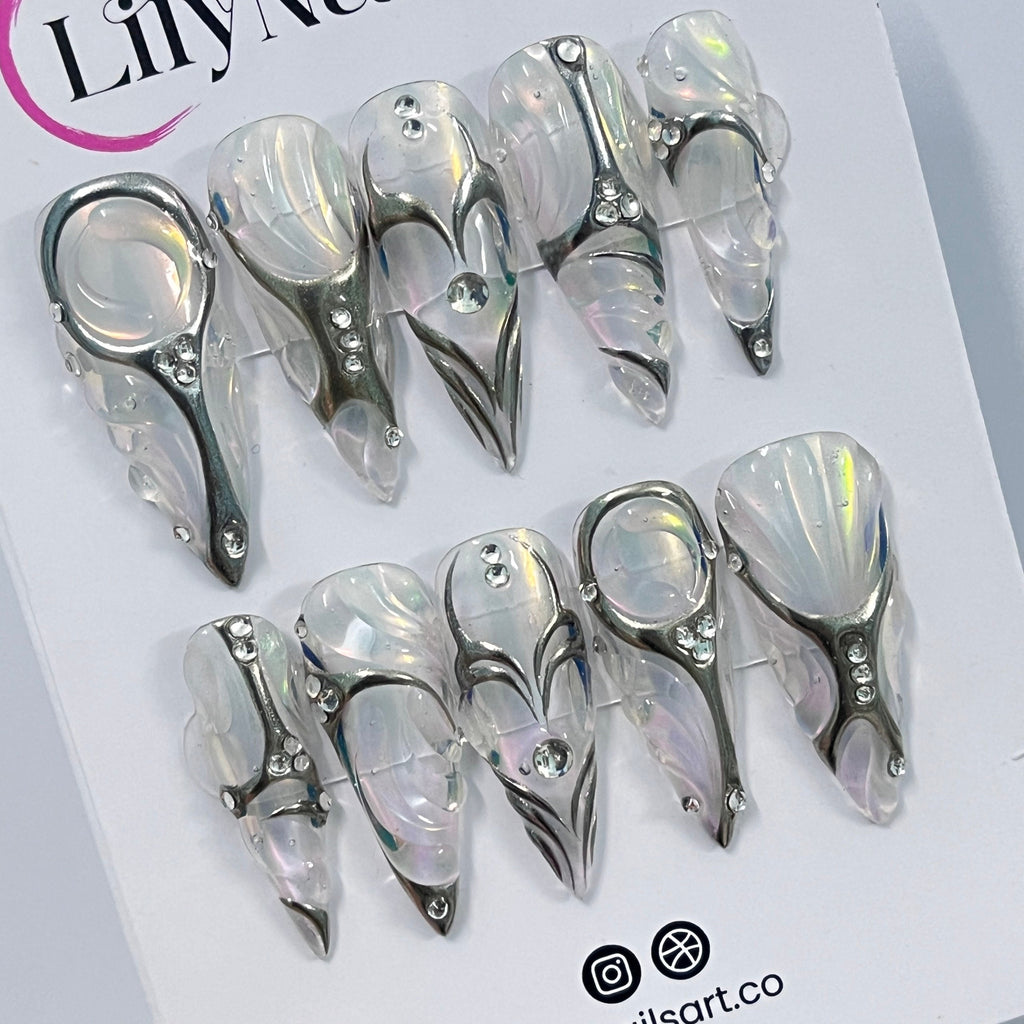 Elegant With Silver Chrome Nail & Pearl Long Stiletto Press On Nails, Handpainted Luxury Nail, Fake/False Nail, Y2K Nail Art