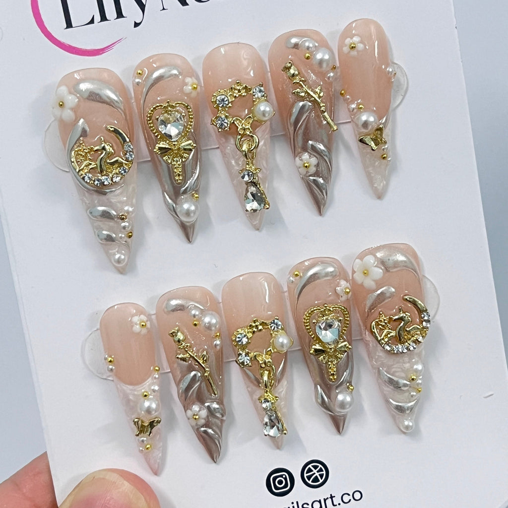 Elegant Pearl French Tip Long Stiletto Press On Nails, Handpainted Fake/False Nail, Christmas Nail Art, Royal Nail Tips