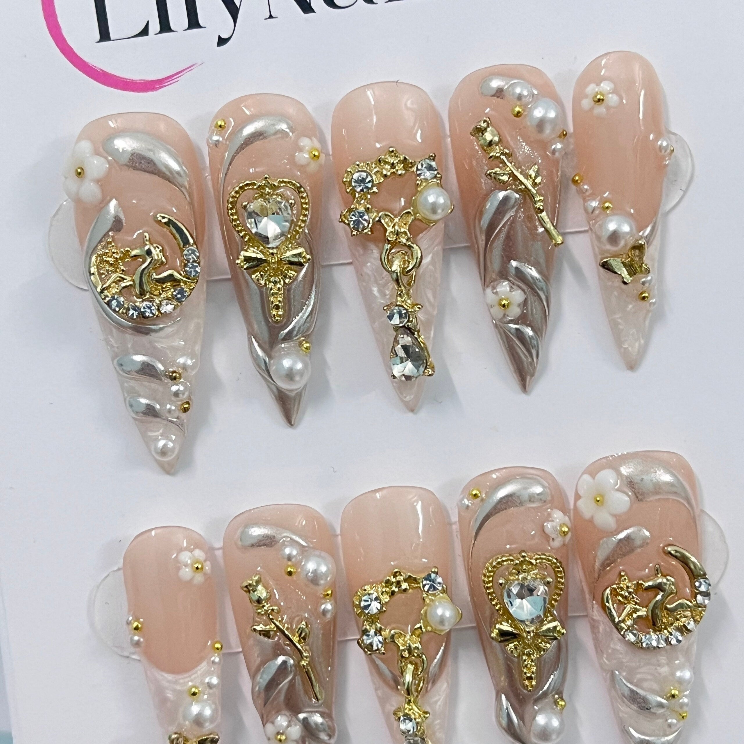 Elegant Pearl French Tip Long Stiletto Press On Nails, Handpainted Fake/False Nail, Christmas Nail Art, Royal Nail Tips