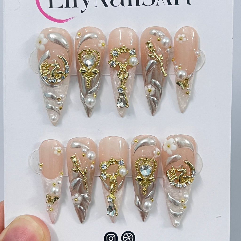 Elegant Pearl French Tip Long Stiletto Press On Nails, Handpainted Fake/False Nail, Christmas Nail Art, Royal Nail Tips
