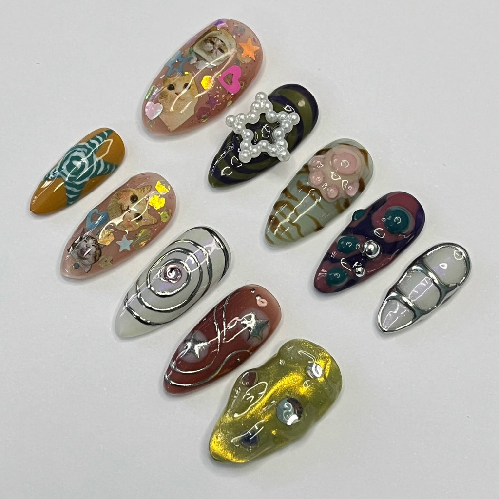 Cat Lover Chrome Almond Press On Nail - Luxurious Metallic Silver Nail Art, 3D Handpainted Gel Nails Design