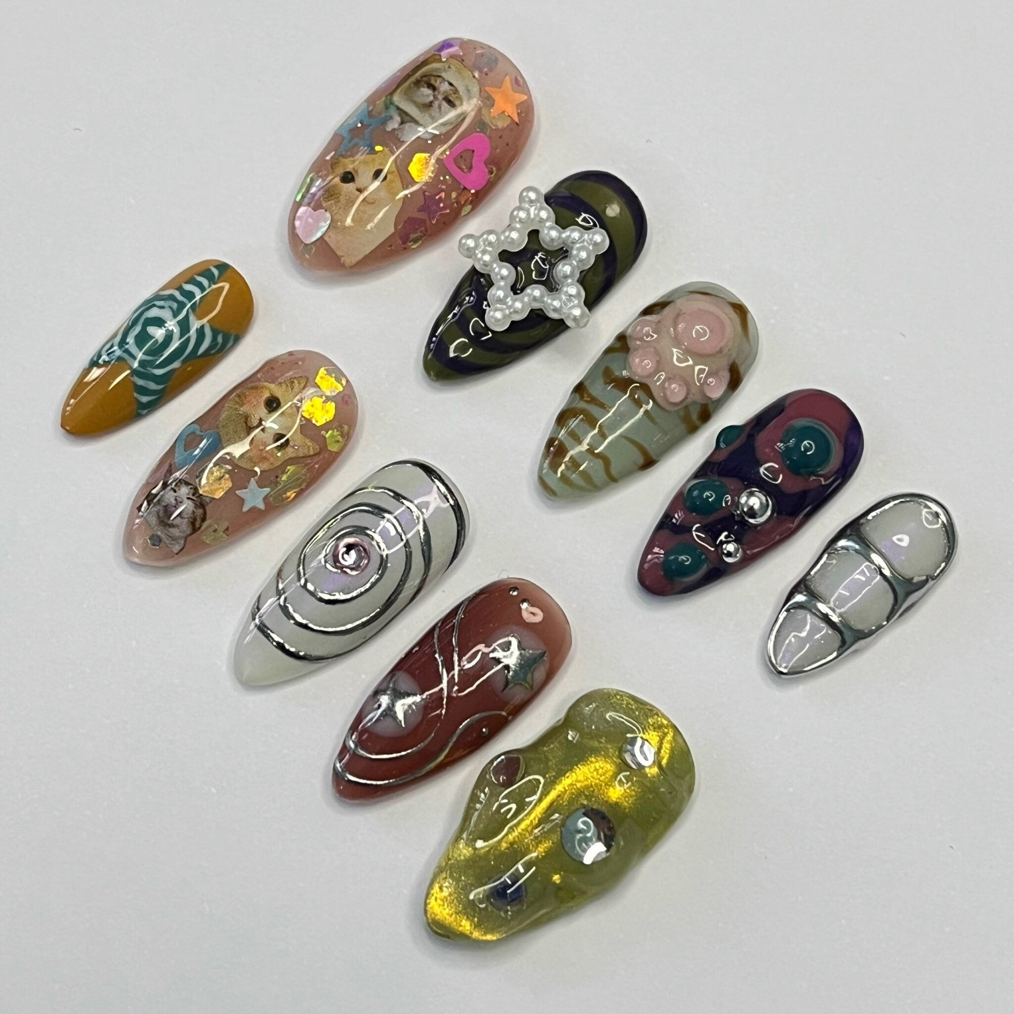 Cat Lover Chrome Almond Press On Nail - Luxurious Metallic Silver Nail Art, 3D Handpainted Gel Nails Design